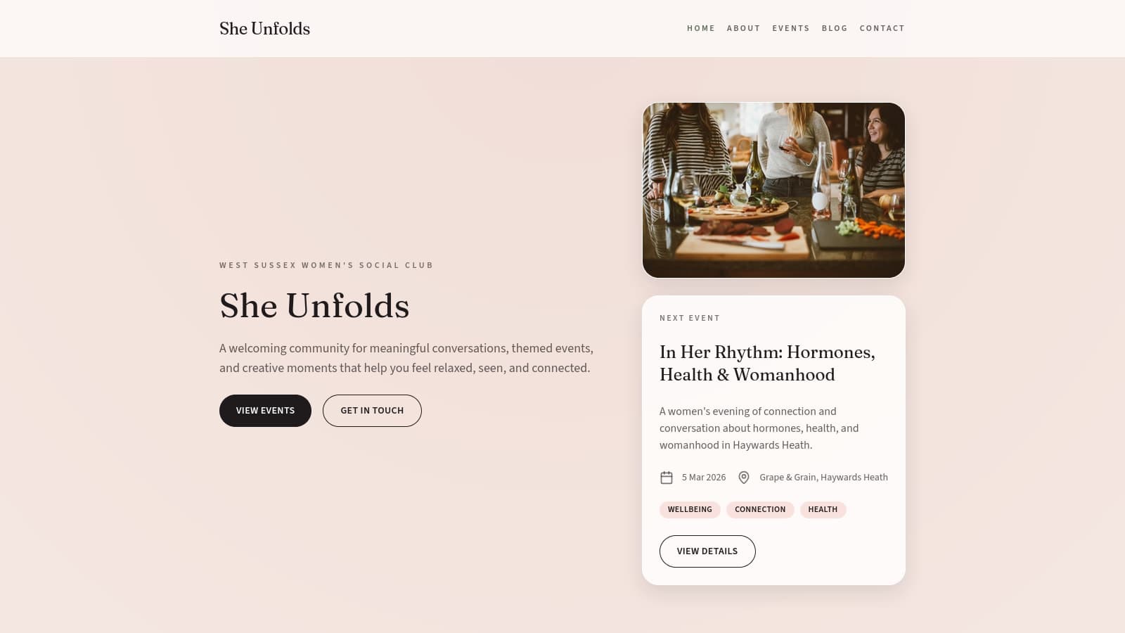 She Unfolds website homepage and events structure